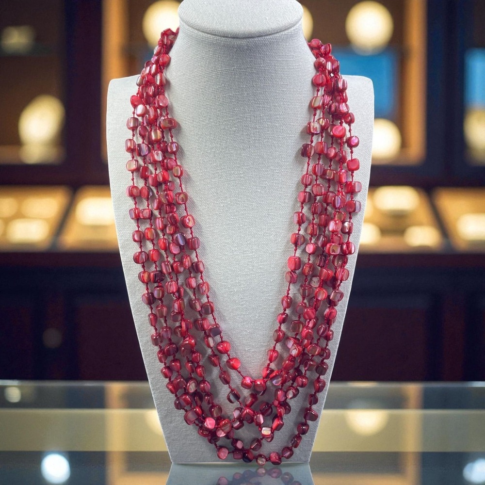 Layered Red Shell Beaded Necklace‎ Bohemian Mermaid Coastal Festival Chic Cruise